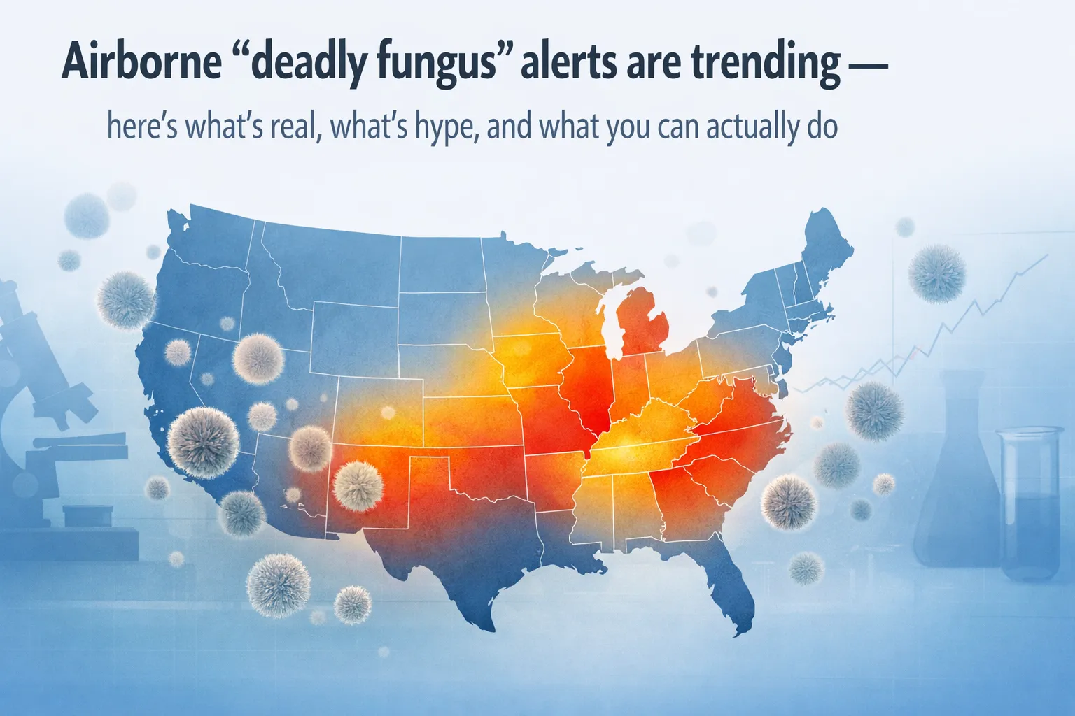 Illustrated U.S. map with red/orange heat zones across central and eastern states and floating spore-like particles, under the headline “Airborne ‘deadly fungus’ alerts are trending.”