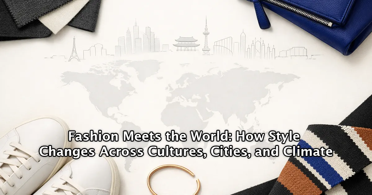 Flat-lay fashion and travel themed image with a world map background, skyline icons, fabric swatches, white sneakers, and accessories; overlay text reads “Fashion Meets the World: How Style Changes Across Cultures, Cities, and Climate.”