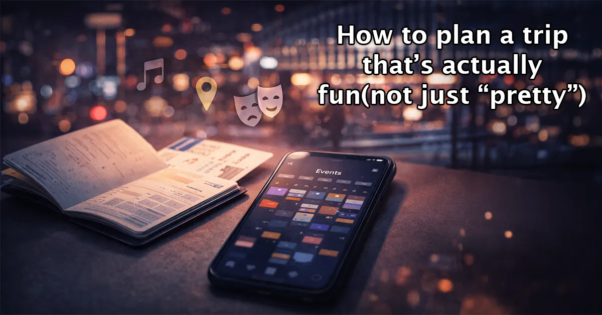 Travel planning scene with an open notebook and smartphone displaying an events calendar, city lights in the background, and overlay text reading “How to plan a trip that’s actually fun (not just ‘pretty’).”