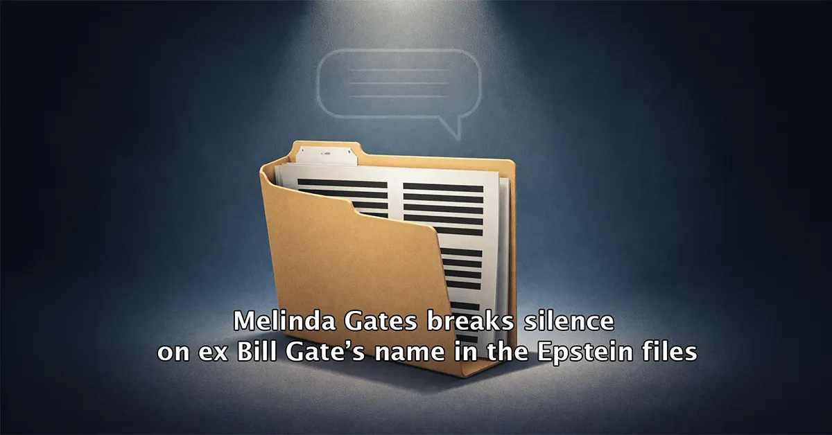 Dark, spotlighted graphic of a manila file folder filled with documents on a blue background; headline text reads “Melinda Gates breaks silence on ex Bill Gate’s name in the Epstein files.”