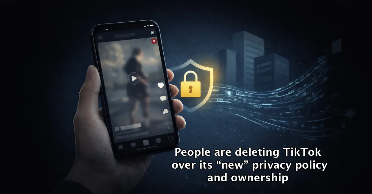 Hand holding a smartphone showing a blurred short-form video interface; a glowing padlock and shield icon appears in the background with digital data lines and city silhouettes; overlay text reads “People are deleting TikTok over its ‘new’ privacy policy and ownership.”