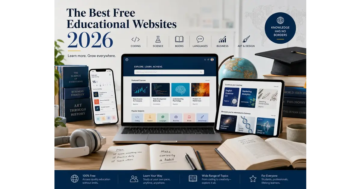 best-free-educational-websites-2026-editorial-illustration Editorial illustration of online learning in 2026, showing a laptop, tablet, and smartphone with course platforms, surrounded by books, a globe, headphones, and study icons for coding, science, languages, business, and art. List Of 100 Free Educational Websites In 2026
