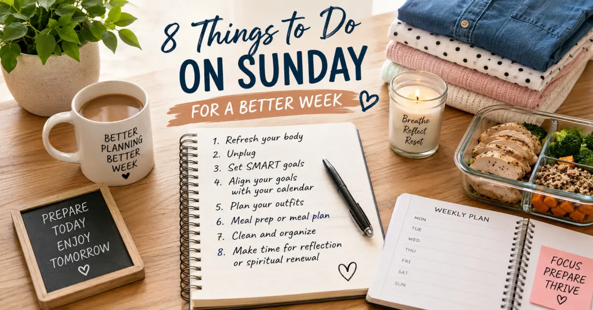 Things to do on Sunday for a better week including planning goals meal prep cleaning rest and weekly organization